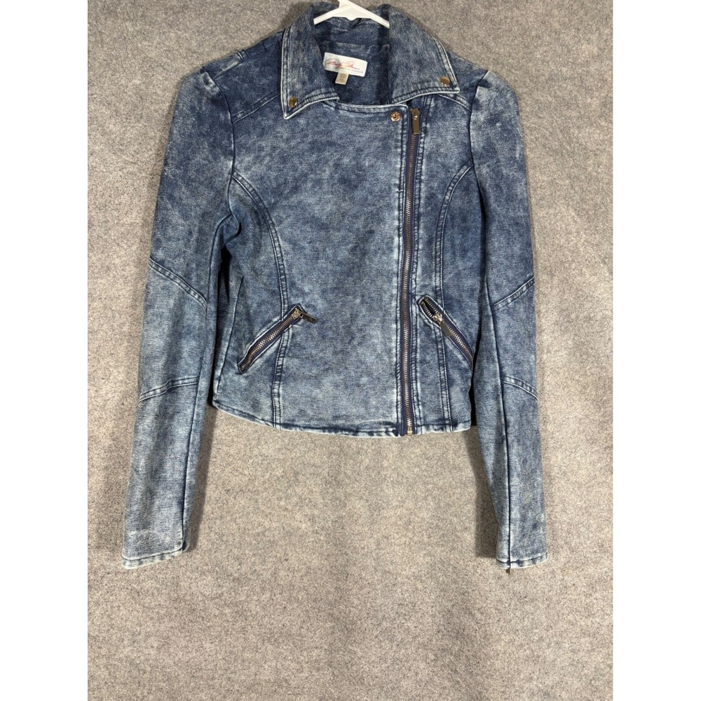 Marilyn Monroe Womens Acid Wash Blue Denim Moto Jacket Asymmetrical‎ Zip XS